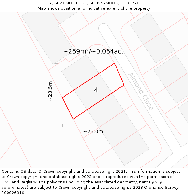 4, ALMOND CLOSE, SPENNYMOOR, DL16 7YG: Plot and title map