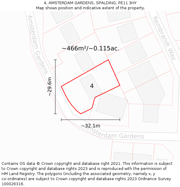4, AMSTERDAM GARDENS, SPALDING, PE11 3HY: Plot and title map