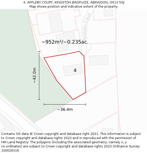 4, APPLEBY COURT, KINGSTON BAGPUIZE, ABINGDON, OX13 5GJ: Plot and title map