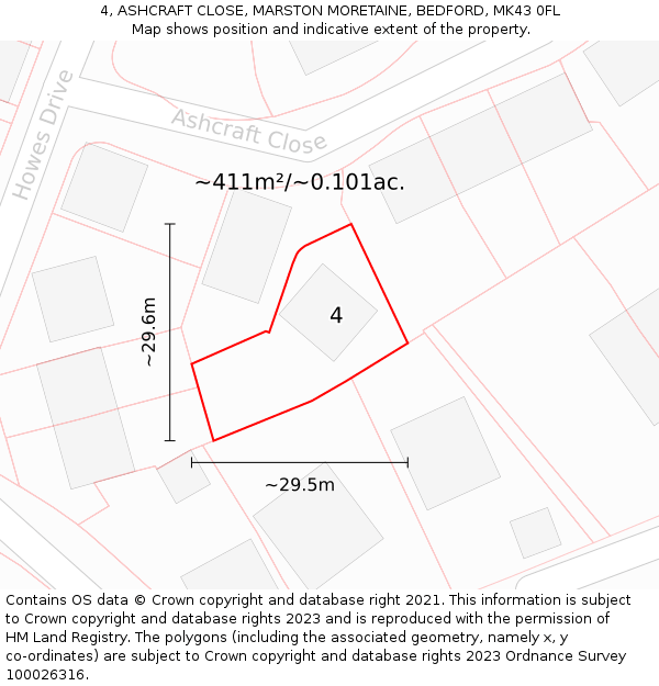 4, ASHCRAFT CLOSE, MARSTON MORETAINE, BEDFORD, MK43 0FL: Plot and title map