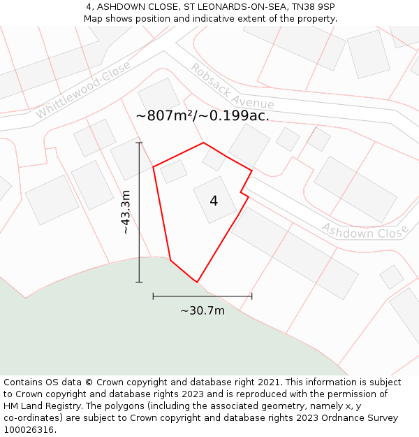 4, ASHDOWN CLOSE, ST LEONARDS-ON-SEA, TN38 9SP: Plot and title map