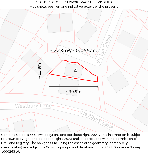 4, AUDEN CLOSE, NEWPORT PAGNELL, MK16 8TA: Plot and title map