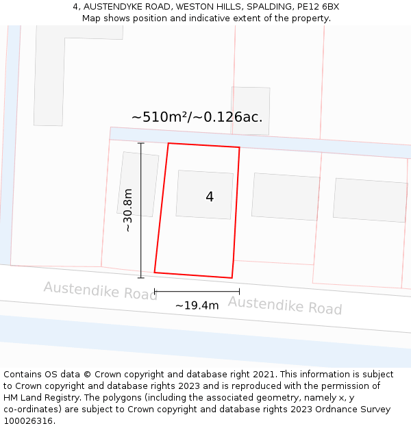 4, AUSTENDYKE ROAD, WESTON HILLS, SPALDING, PE12 6BX: Plot and title map