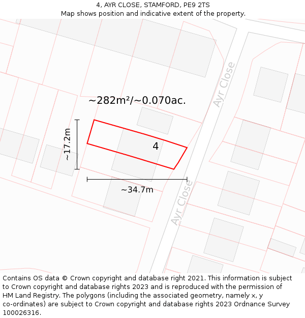 4, AYR CLOSE, STAMFORD, PE9 2TS: Plot and title map