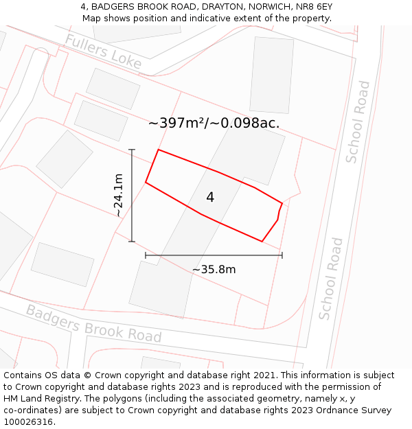 4, BADGERS BROOK ROAD, DRAYTON, NORWICH, NR8 6EY: Plot and title map