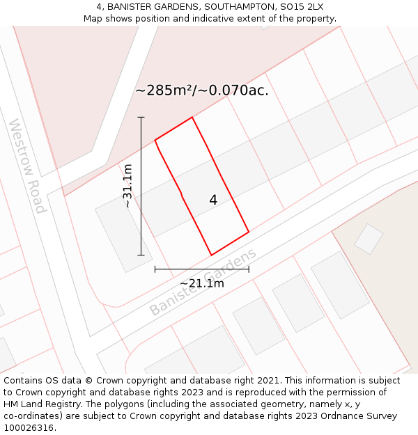 4, BANISTER GARDENS, SOUTHAMPTON, SO15 2LX: Plot and title map