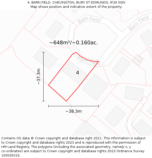 4, BARN FIELD, CHEVINGTON, BURY ST EDMUNDS, IP29 5QN: Plot and title map