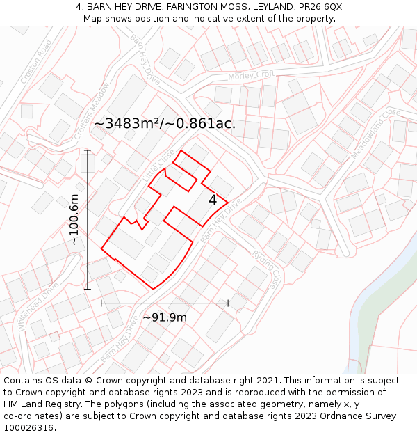 4, BARN HEY DRIVE, FARINGTON MOSS, LEYLAND, PR26 6QX: Plot and title map