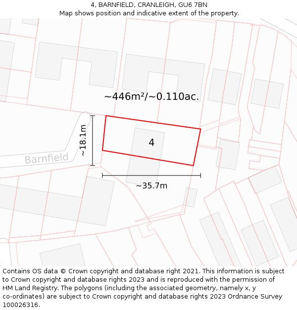 4, BARNFIELD, CRANLEIGH, GU6 7BN: Plot and title map