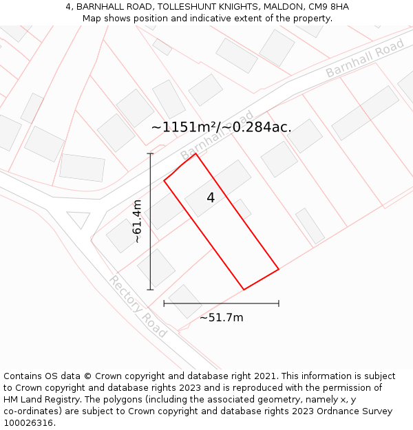 4, BARNHALL ROAD, TOLLESHUNT KNIGHTS, MALDON, CM9 8HA: Plot and title map