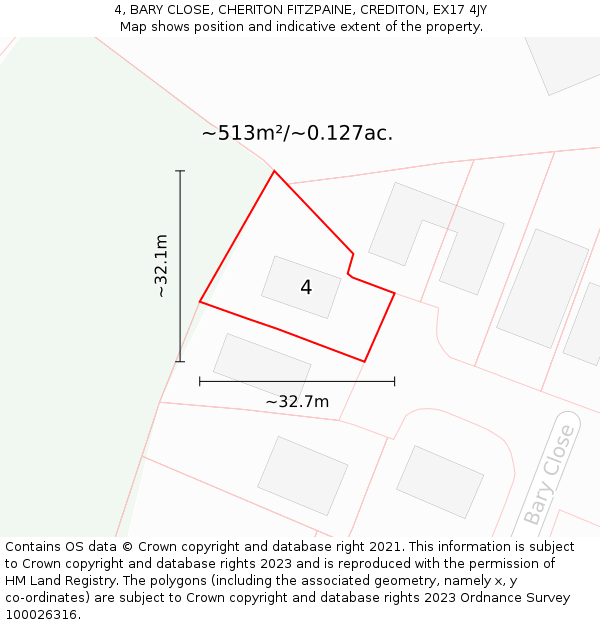 4, BARY CLOSE, CHERITON FITZPAINE, CREDITON, EX17 4JY: Plot and title map