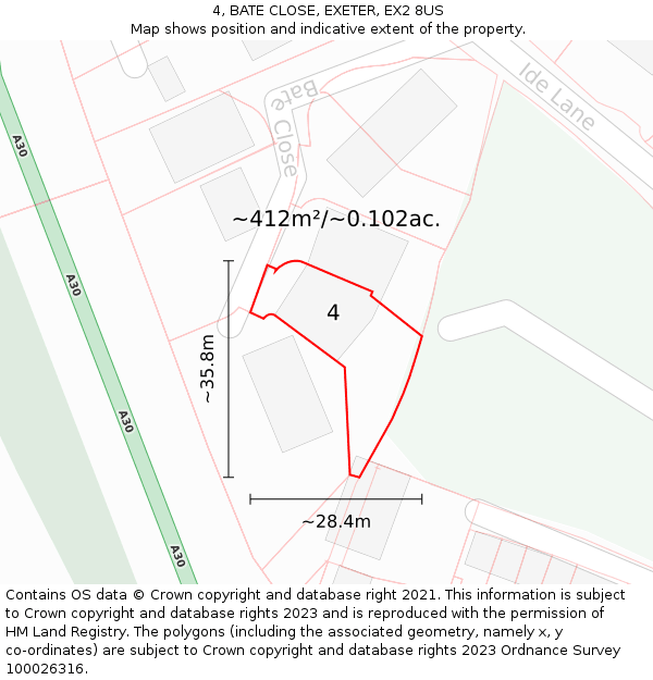 4, BATE CLOSE, EXETER, EX2 8US: Plot and title map