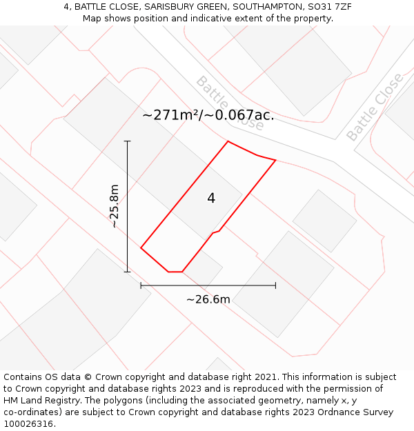 4, BATTLE CLOSE, SARISBURY GREEN, SOUTHAMPTON, SO31 7ZF: Plot and title map