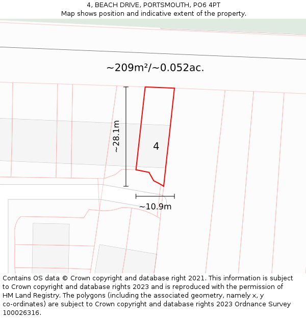 4, BEACH DRIVE, PORTSMOUTH, PO6 4PT: Plot and title map