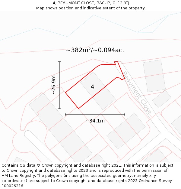 4, BEAUMONT CLOSE, BACUP, OL13 9TJ: Plot and title map