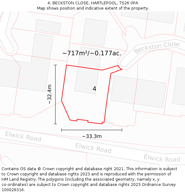 4, BECKSTON CLOSE, HARTLEPOOL, TS26 0PA: Plot and title map