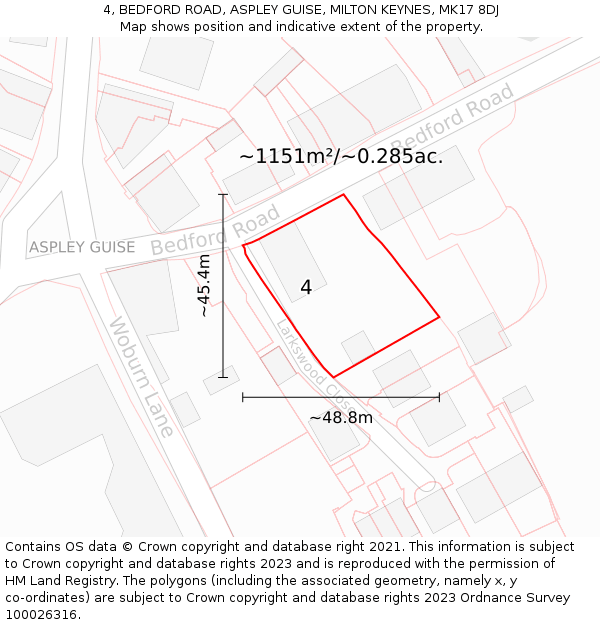 4, BEDFORD ROAD, ASPLEY GUISE, MILTON KEYNES, MK17 8DJ: Plot and title map