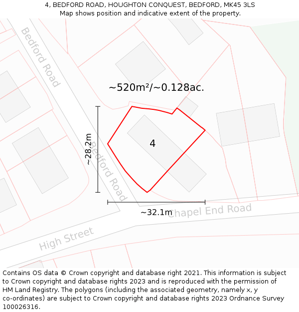 4, BEDFORD ROAD, HOUGHTON CONQUEST, BEDFORD, MK45 3LS: Plot and title map