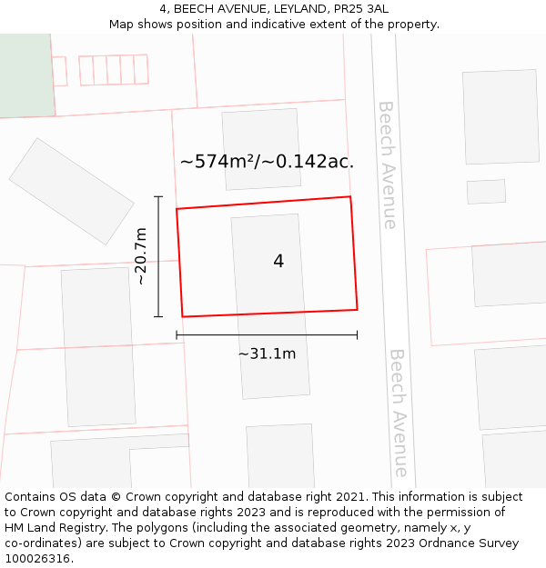 4, BEECH AVENUE, LEYLAND, PR25 3AL: Plot and title map