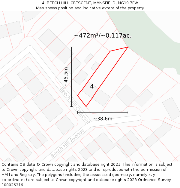 4, BEECH HILL CRESCENT, MANSFIELD, NG19 7EW: Plot and title map