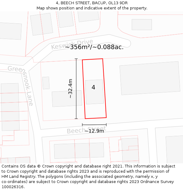 4, BEECH STREET, BACUP, OL13 9DR: Plot and title map