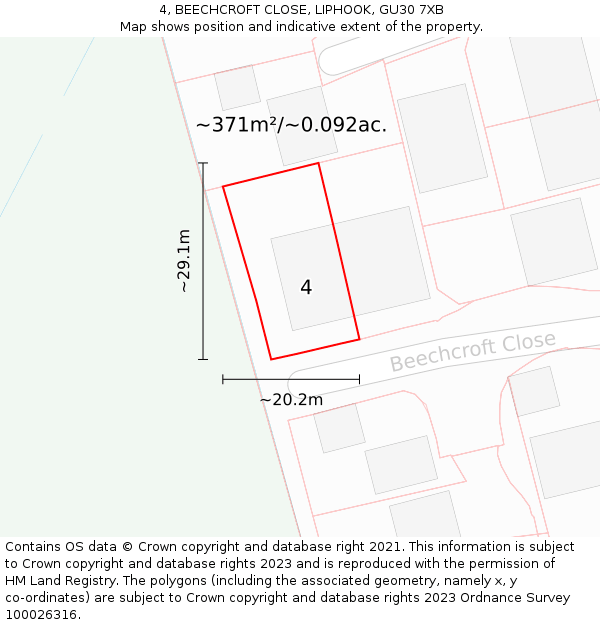 4, BEECHCROFT CLOSE, LIPHOOK, GU30 7XB: Plot and title map