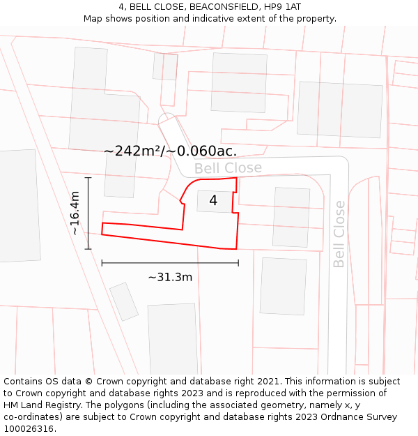 4, BELL CLOSE, BEACONSFIELD, HP9 1AT: Plot and title map