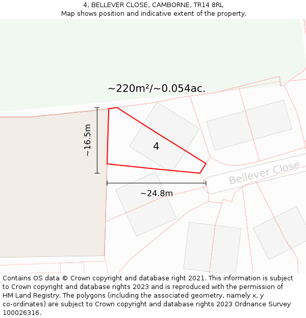 4, BELLEVER CLOSE, CAMBORNE, TR14 8RL: Plot and title map