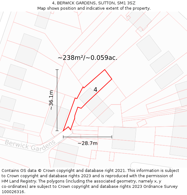 4, BERWICK GARDENS, SUTTON, SM1 3SZ: Plot and title map