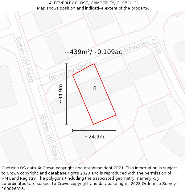 4, BEVERLEY CLOSE, CAMBERLEY, GU15 1HF: Plot and title map