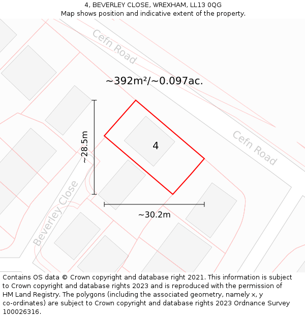 4, BEVERLEY CLOSE, WREXHAM, LL13 0QG: Plot and title map