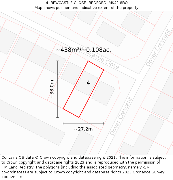 4, BEWCASTLE CLOSE, BEDFORD, MK41 8BQ: Plot and title map