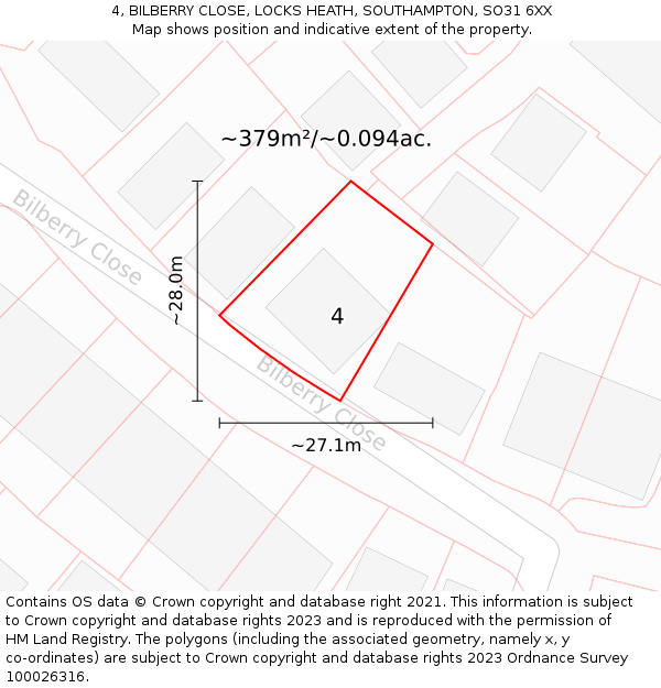 4, BILBERRY CLOSE, LOCKS HEATH, SOUTHAMPTON, SO31 6XX: Plot and title map