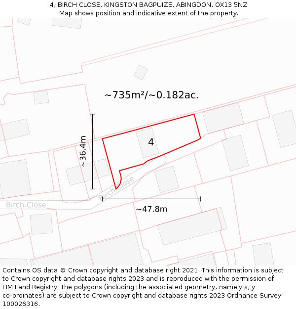 4, BIRCH CLOSE, KINGSTON BAGPUIZE, ABINGDON, OX13 5NZ: Plot and title map