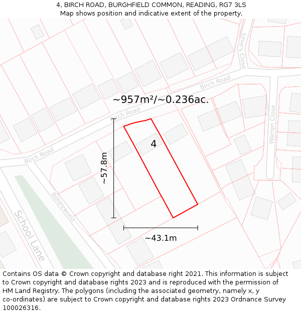 4, BIRCH ROAD, BURGHFIELD COMMON, READING, RG7 3LS: Plot and title map