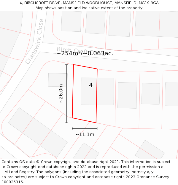 4, BIRCHCROFT DRIVE, MANSFIELD WOODHOUSE, MANSFIELD, NG19 9GA: Plot and title map