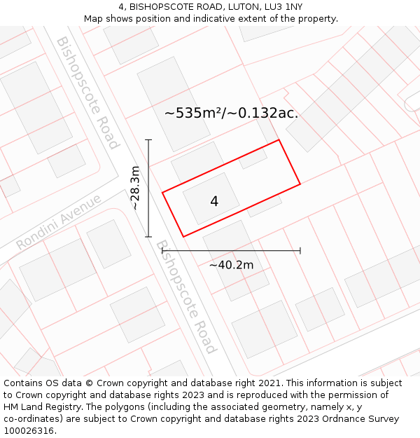 4, BISHOPSCOTE ROAD, LUTON, LU3 1NY: Plot and title map