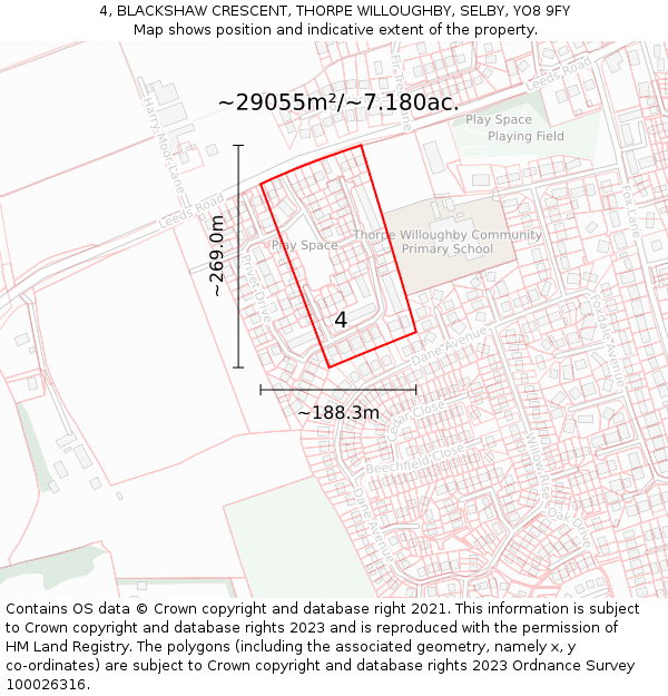 4, BLACKSHAW CRESCENT, THORPE WILLOUGHBY, SELBY, YO8 9FY: Plot and title map