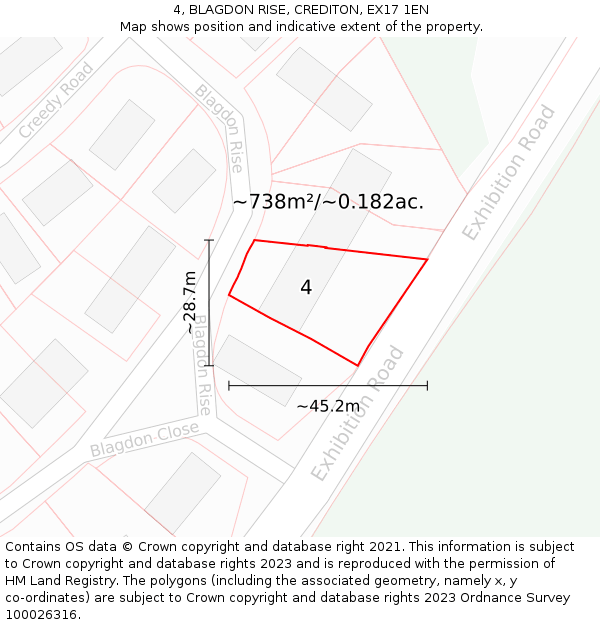 4, BLAGDON RISE, CREDITON, EX17 1EN: Plot and title map