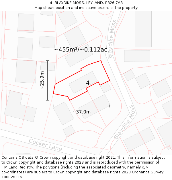 4, BLAYDIKE MOSS, LEYLAND, PR26 7AR: Plot and title map