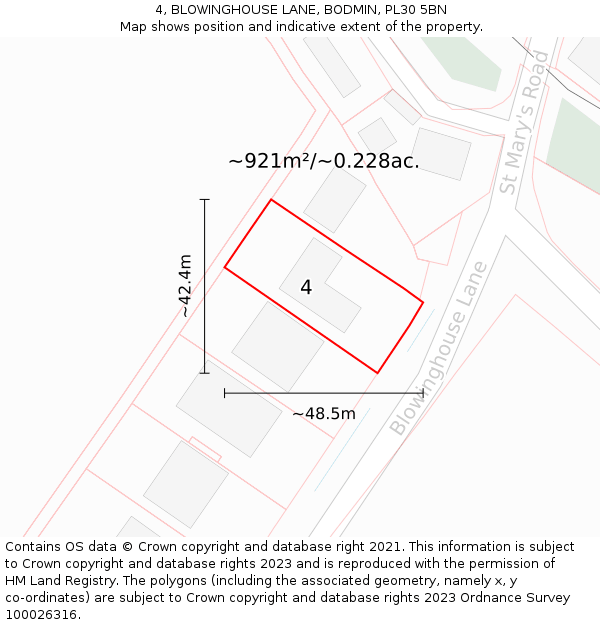 4, BLOWINGHOUSE LANE, BODMIN, PL30 5BN: Plot and title map