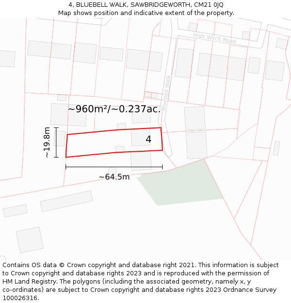 4, BLUEBELL WALK, SAWBRIDGEWORTH, CM21 0JQ: Plot and title map