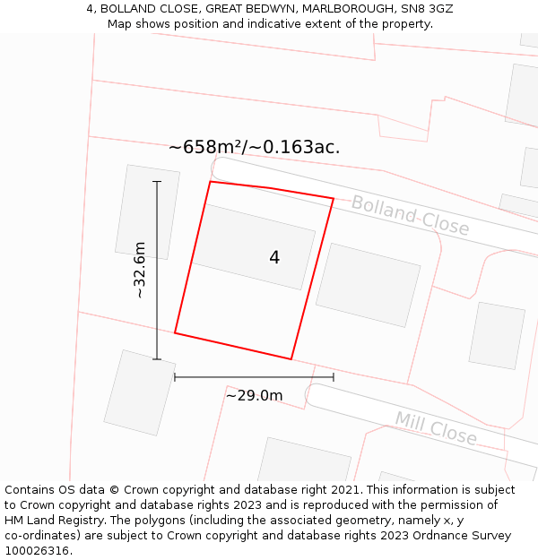 4, BOLLAND CLOSE, GREAT BEDWYN, MARLBOROUGH, SN8 3GZ: Plot and title map