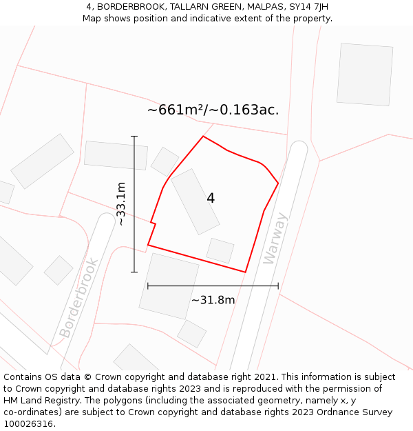 4, BORDERBROOK, TALLARN GREEN, MALPAS, SY14 7JH: Plot and title map