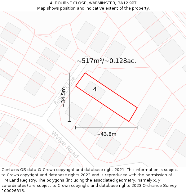 4, BOURNE CLOSE, WARMINSTER, BA12 9PT: Plot and title map