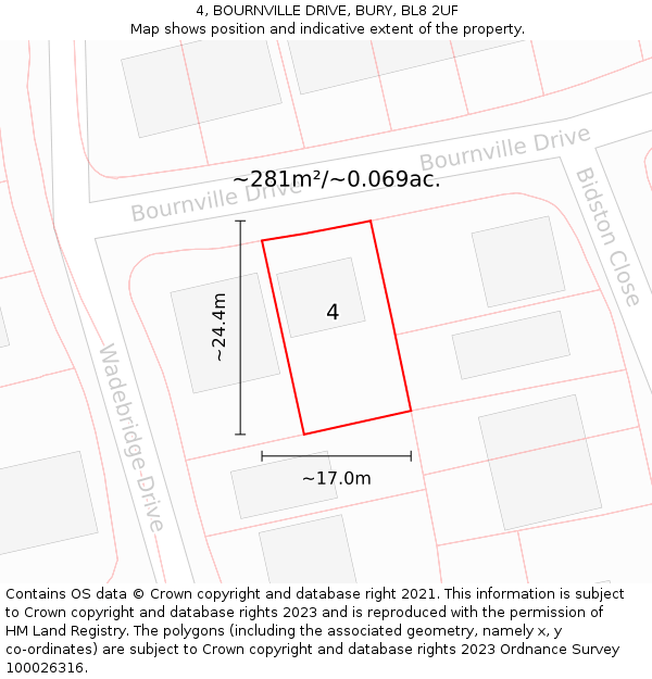 4, BOURNVILLE DRIVE, BURY, BL8 2UF: Plot and title map