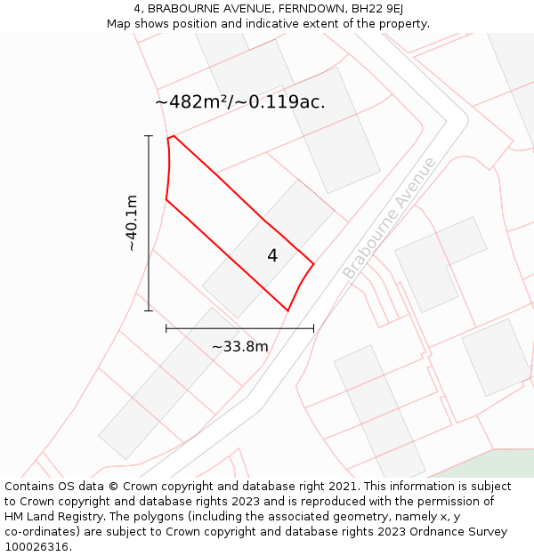 4, BRABOURNE AVENUE, FERNDOWN, BH22 9EJ: Plot and title map