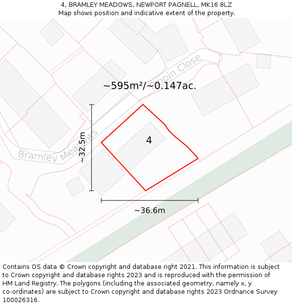 4, BRAMLEY MEADOWS, NEWPORT PAGNELL, MK16 8LZ: Plot and title map