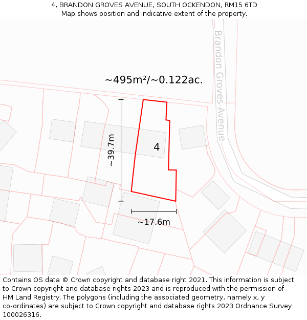 4, BRANDON GROVES AVENUE, SOUTH OCKENDON, RM15 6TD: Plot and title map