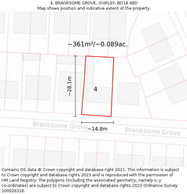 4, BRANKSOME GROVE, SHIPLEY, BD18 4BD: Plot and title map